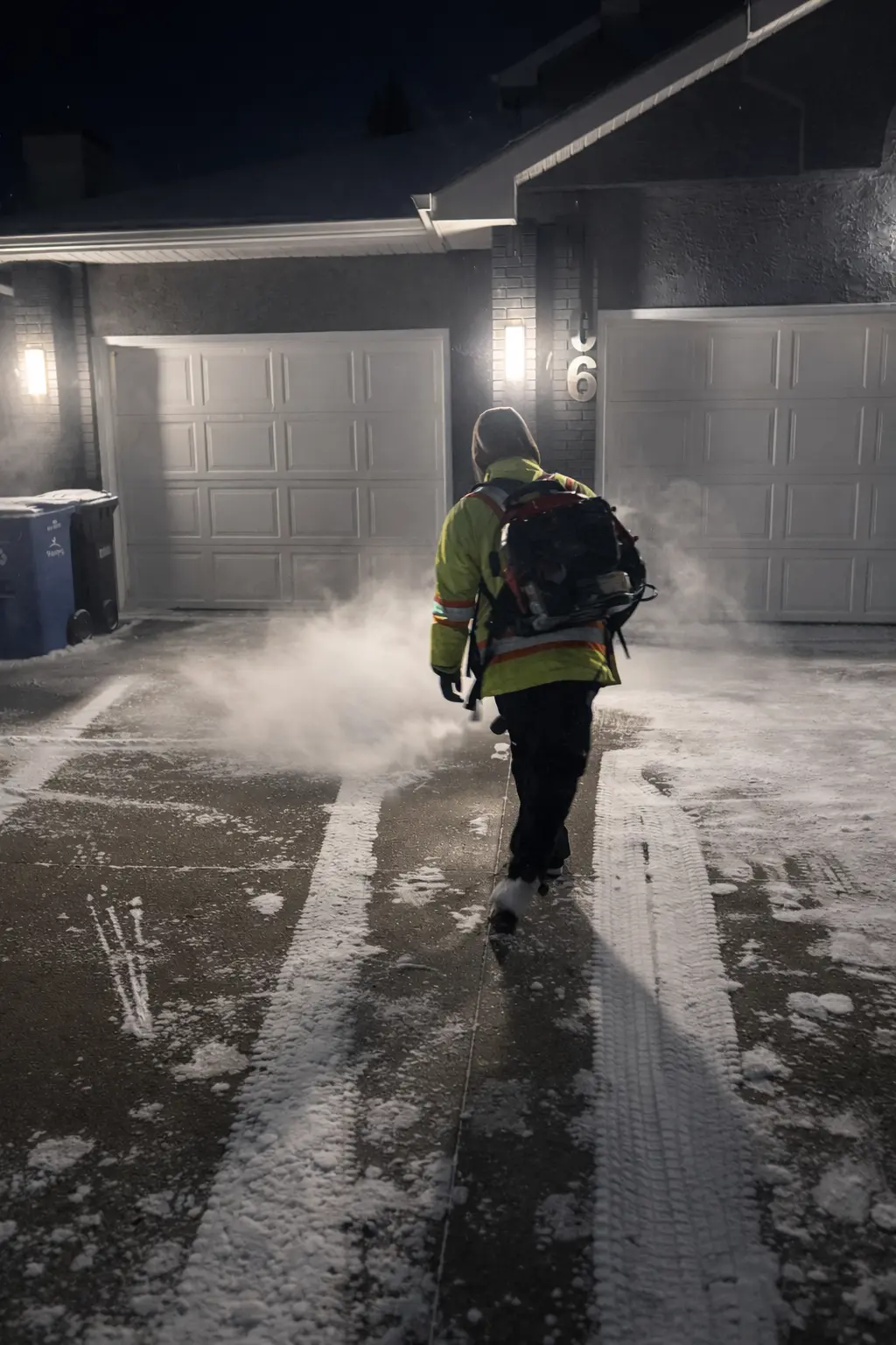 Keystone employee finishing a residential driveway with a backpack blower