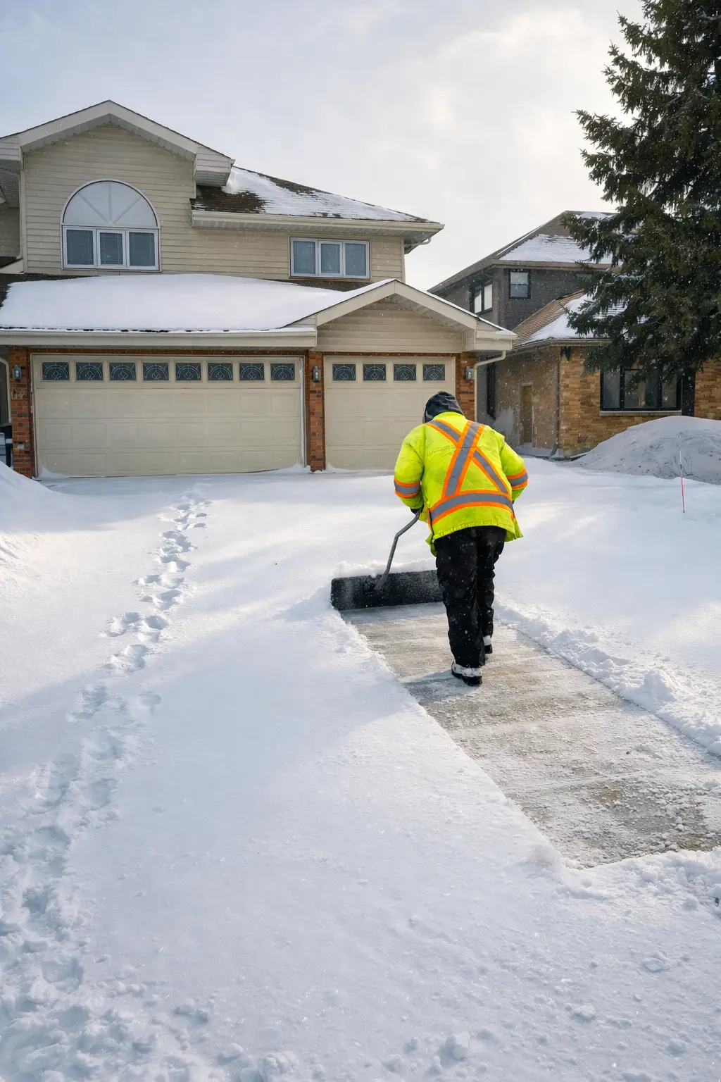 Keystone employee clearing a snow-covered residential driveway during the day