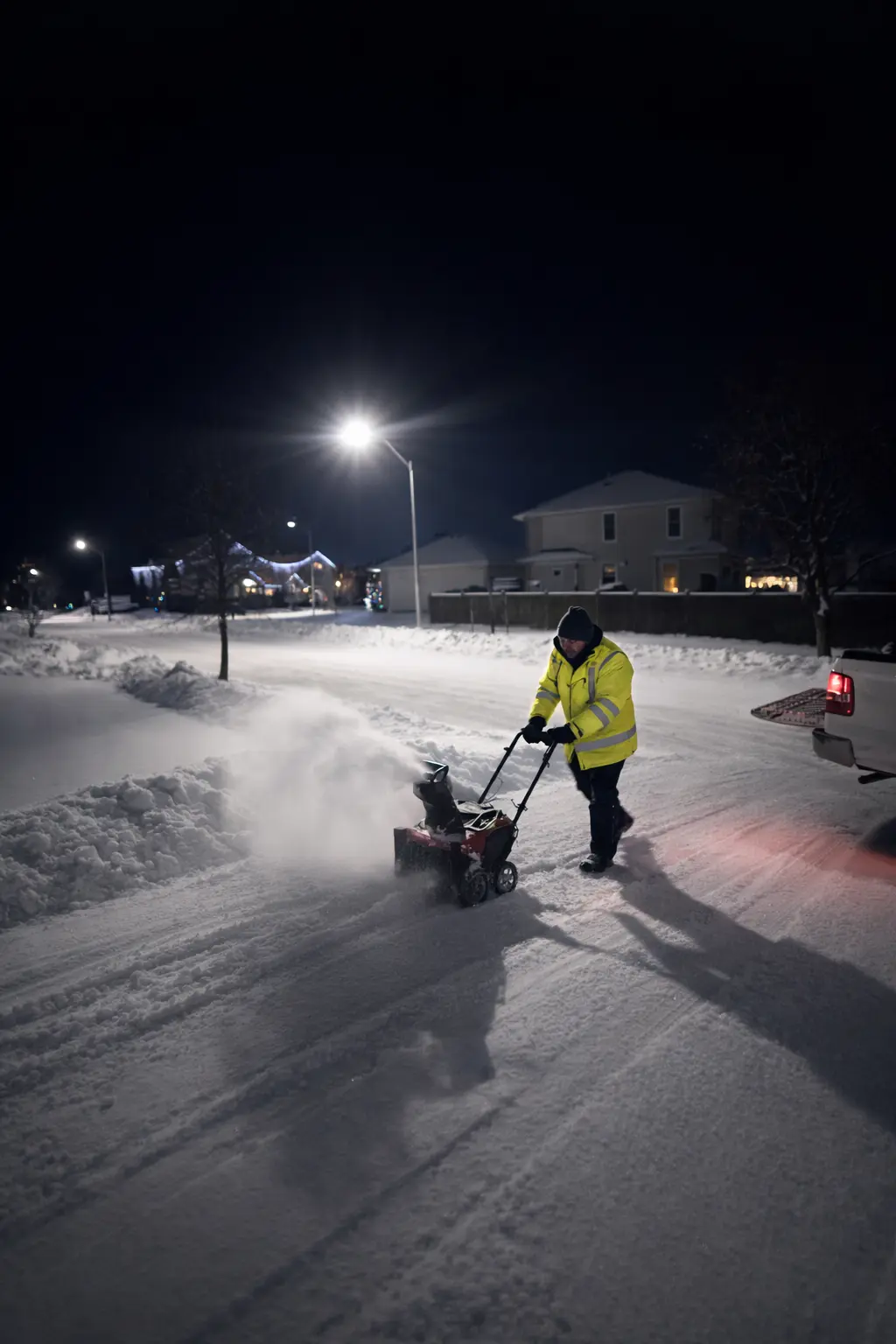 Keystone employee using a snowblower on a residential driveway at night